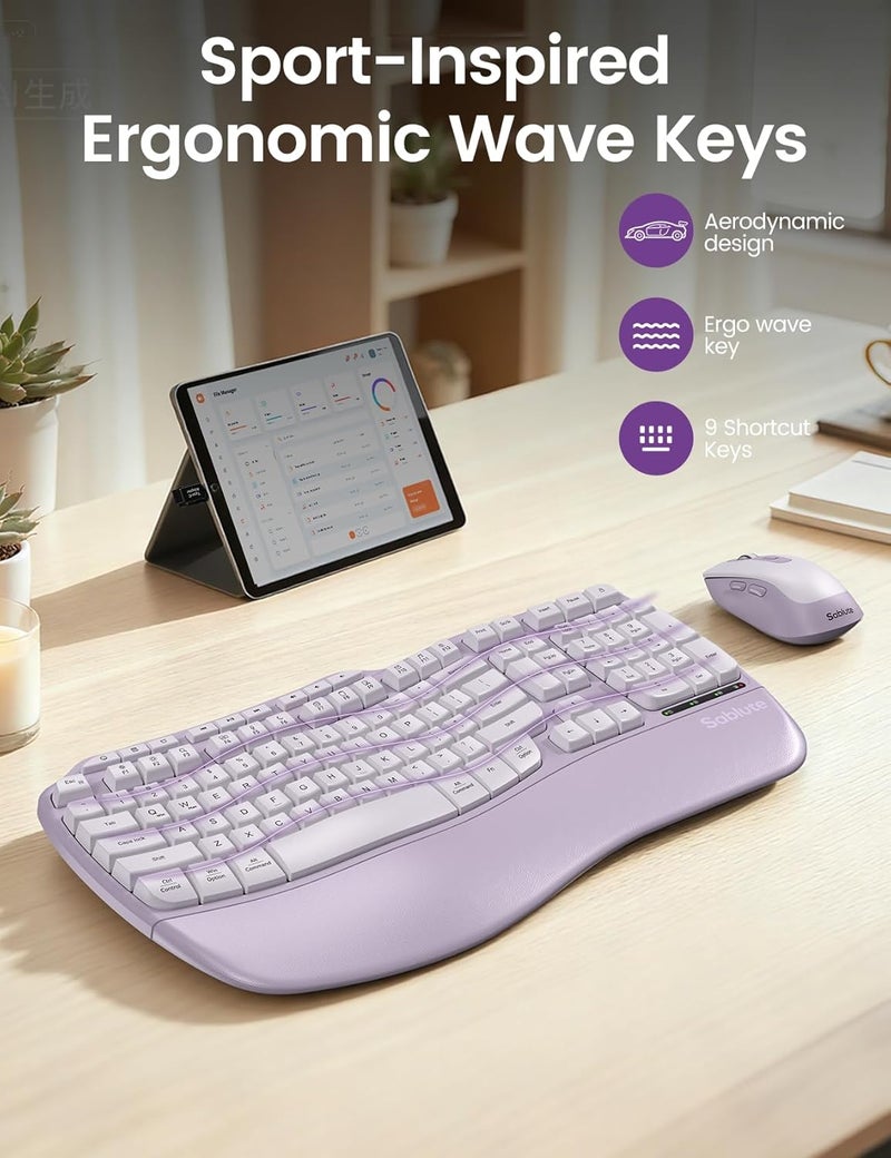 SABLUTE Purple Ergonomic Wireless Keyboard and Mouse Combo, 2.4G Full Size Ergo Wave Key Board with Cushioned Plam Rest, Natural Typing, 3 DPI Adjustable Silent Mouse for Computer/Laptop/Windows/Mac - Image 3